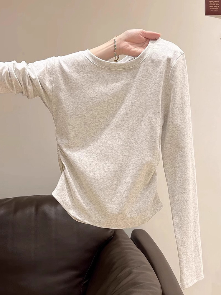 棉收腰褶皱长袖t恤女春秋2025冬新款不规则正肩上衣内搭打底...