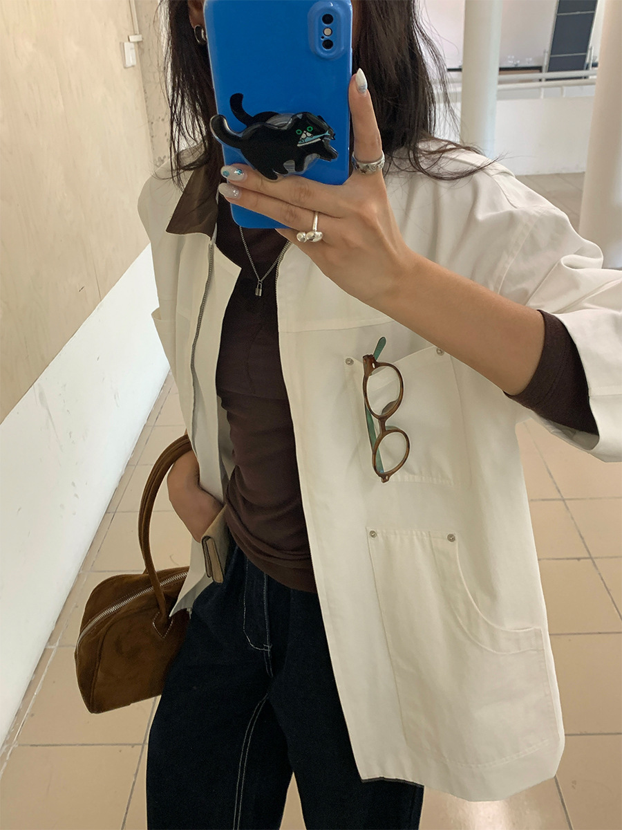 早秋韩系外套街头复古拼色翻领工装休闲夹克上衣女